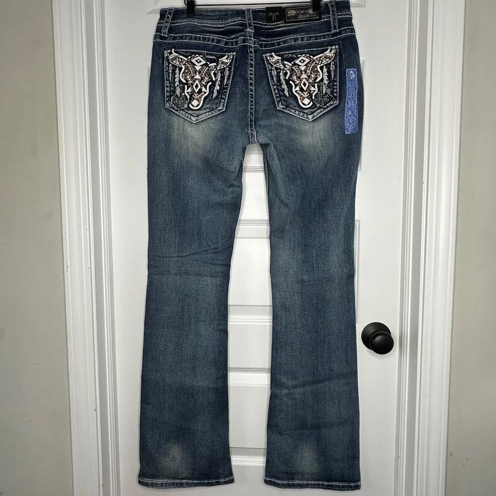Grace in LA Women's Bootcut Jeans 31 NWT Cow Skull Embellished Easy Fit‎ Y2K